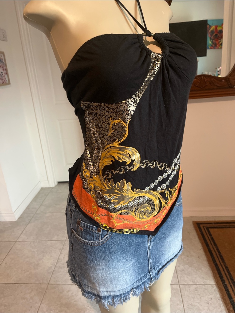 South Pole Black Halter Tank with Gold & Orange Scarf Print - Picture 3 of 5